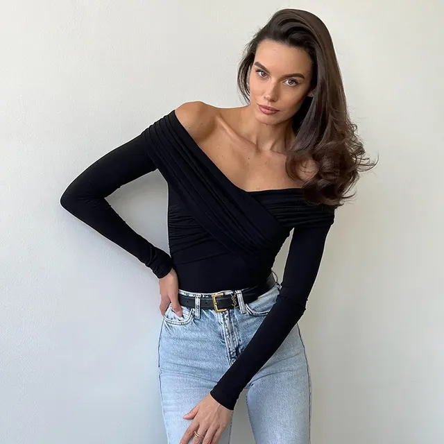 Fashion V neck Off shoulder Stitching Long Sleeve Slim fit Top Black - Shop at LoveMi