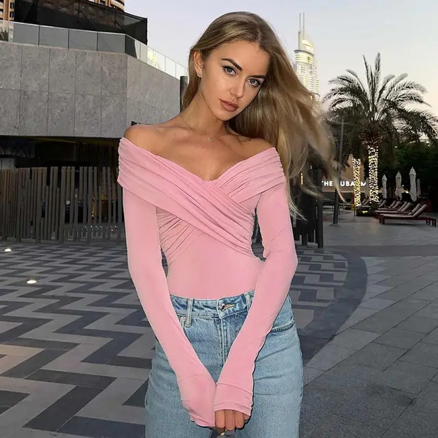 Fashion V neck Off shoulder Stitching Long Sleeve Slim fit Top Pink - Shop at LoveMi