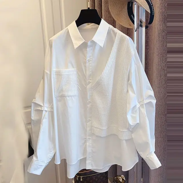 Stitching Waffle Fake Two Pieces Loose Casual Shirt Women White - Shop at LoveMi