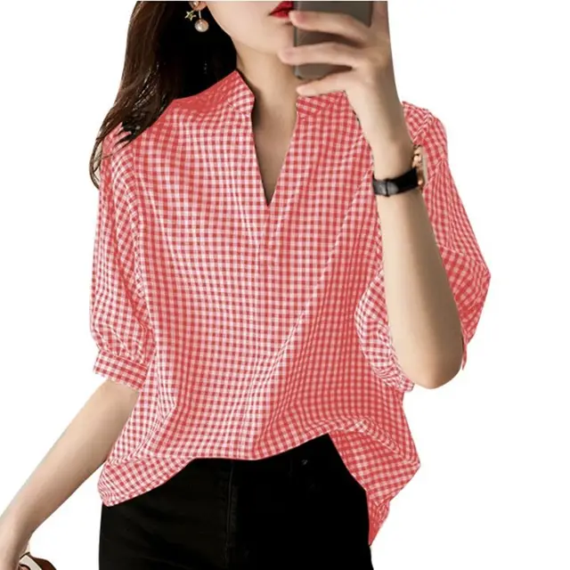 Loose Casual Half Sleeve Plaid Printed Shirt Red - Shop at LoveMi
