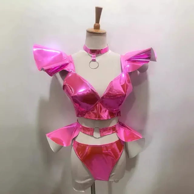 Stage Costume Sexy Bright Hard Patent Leather Suit Rose Red - Shop at LoveMi