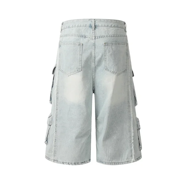 American Retro High Street Multi pocket Worn Looking Washed out Cargo Jeans Light Blue - Shop at LoveMi