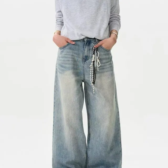 Washed Straight leg Pants Worn Jeans Men's Loose Wide Leg Retro Blue - Shop at LoveMi