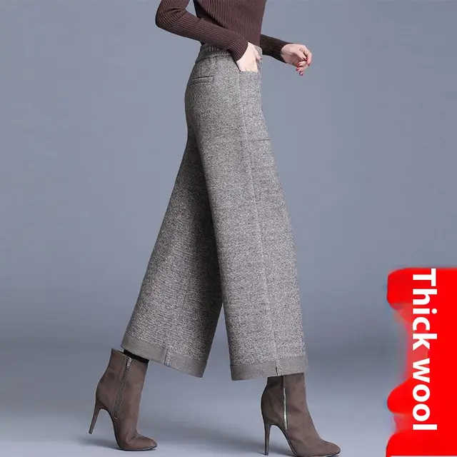 Small Woolen Wide leg Pants Women's High Waist Cropped Pants Gray Coffee Color Thick Wool - Shop at LoveMi