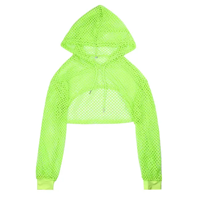 Solid Color Mesh Hollow Out Hooded Loose Smock Top Green - Shop at LoveMi