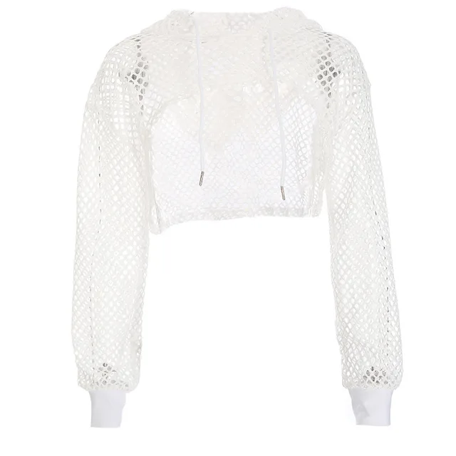 Solid Color Mesh Hollow Out Hooded Loose Smock Top White - Shop at LoveMi