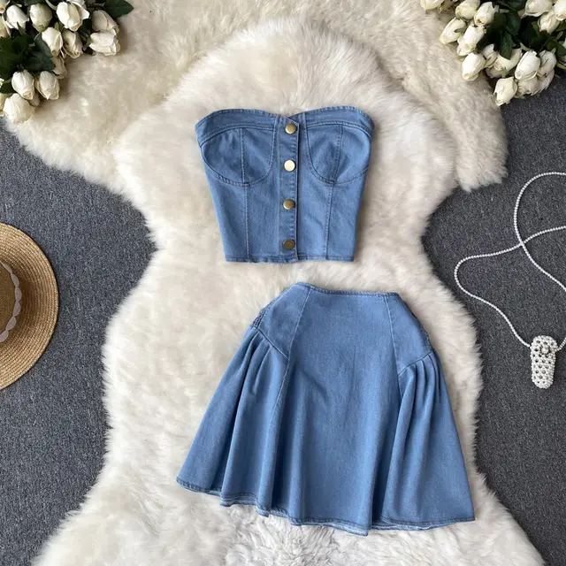 Denim Tube Top Top Two piece Set High Waist A Line Skirt Light Blue - Shop at LoveMi