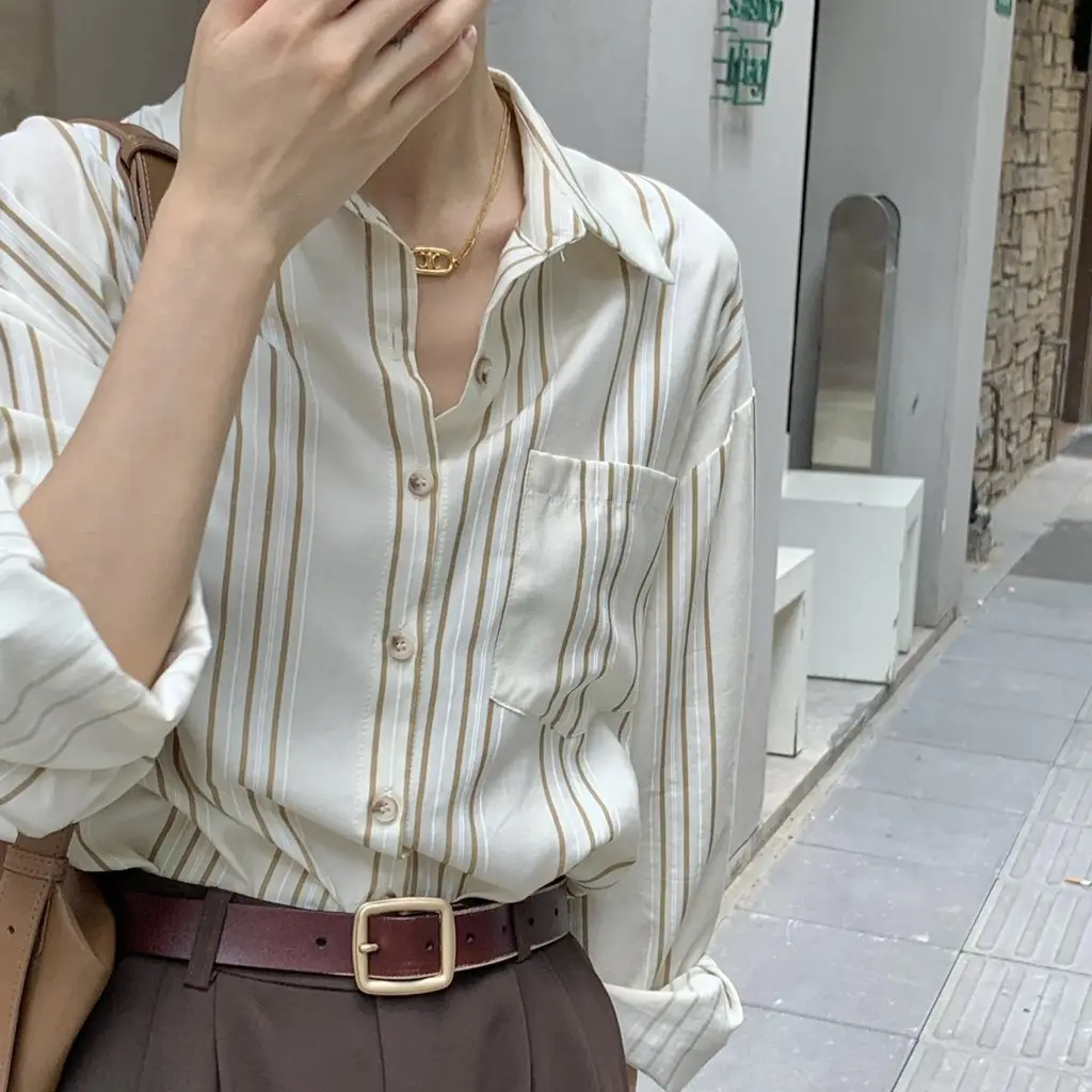 Casual Retro British Striped Handsome Shirt - Coffee Color With Stripes