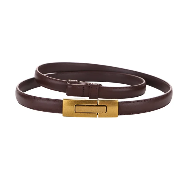 Women's Leather Thin Belt First Layer Cow Leather Button Brown - Shop at LoveMi