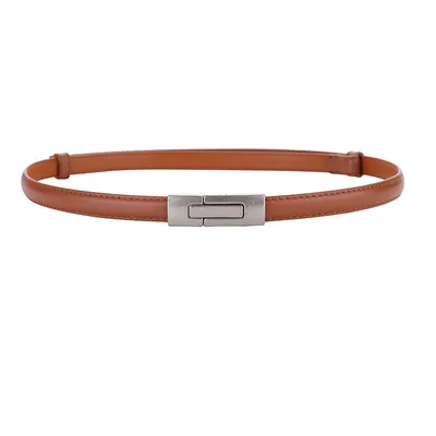 Women's Leather Thin Belt First Layer Cow Leather Button Silver Buckle Coffee - Shop at LoveMi