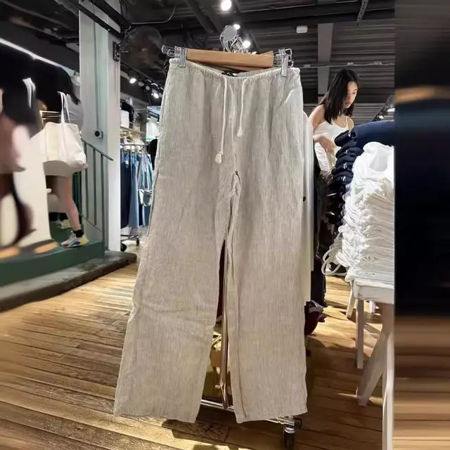 American Vintage Stripe Tied Elastic Waist Sports Pants Light Gray - Shop at LoveMi
