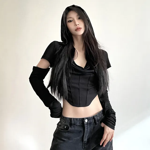 Cinched Waist Slim fit Hooded Top For Women Black - Shop at LoveMi