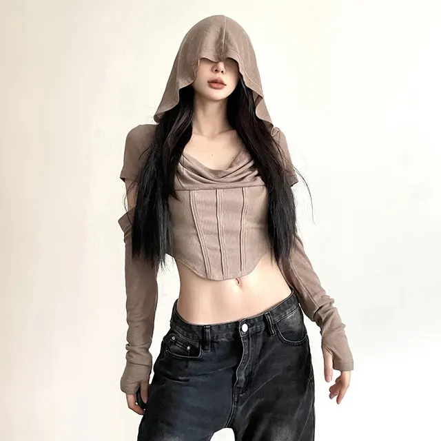Cinched Waist Slim fit Hooded Top For Women Khaki - Shop at LoveMi