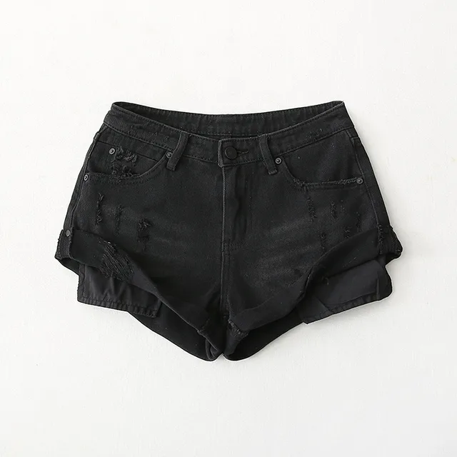 Flanging Low Waist One Button Casual Denim Shorts Black - Shop at LoveMi
