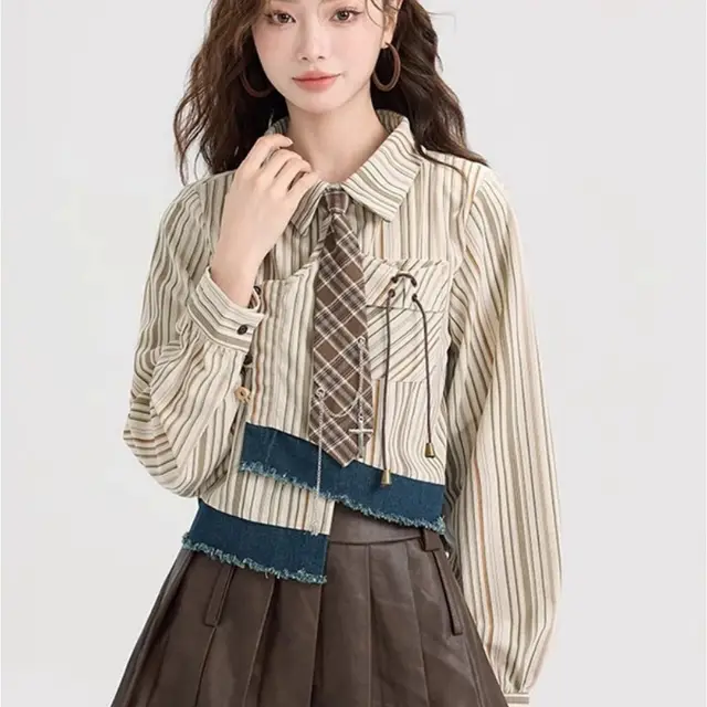 Preppy Style Springsummer Chic Striped Shirt Women's Irregular Short Long Sleeve Brown - Shop at LoveMi