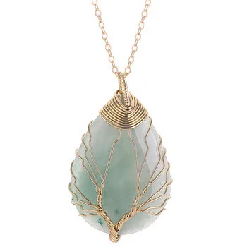 Drop shaped Rough Stone Natural Crystal Tree Of Life Pendant Green Aventurine Gold - Shop at LoveMi