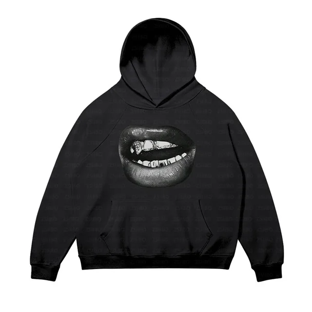 Retro Casual Simple Lip Printings Hoodie For Women Black - Shop at LoveMi