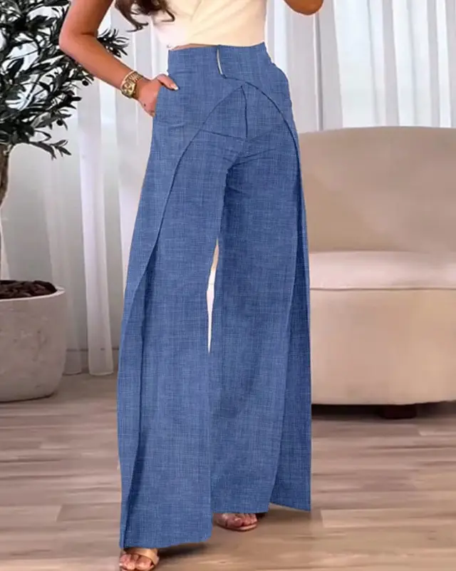 European And American Cross-design Casual Wide-leg Pants - Light Blue