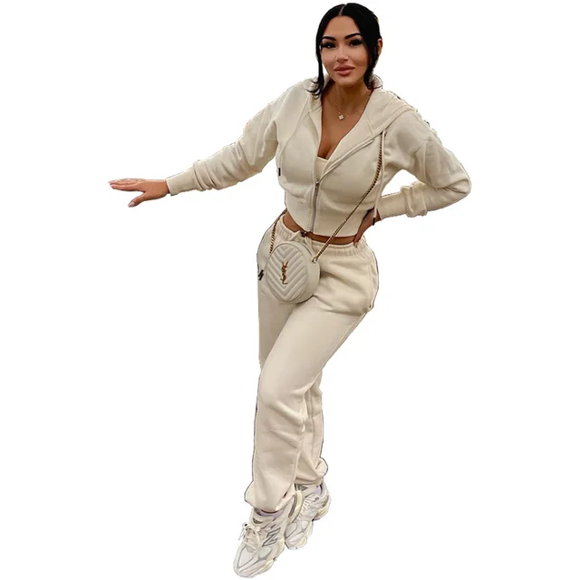 Stitching Thread Hooded Zipper Pocket Baggy Coat Trousers Two piece Suit Beige - Shop at LoveMi