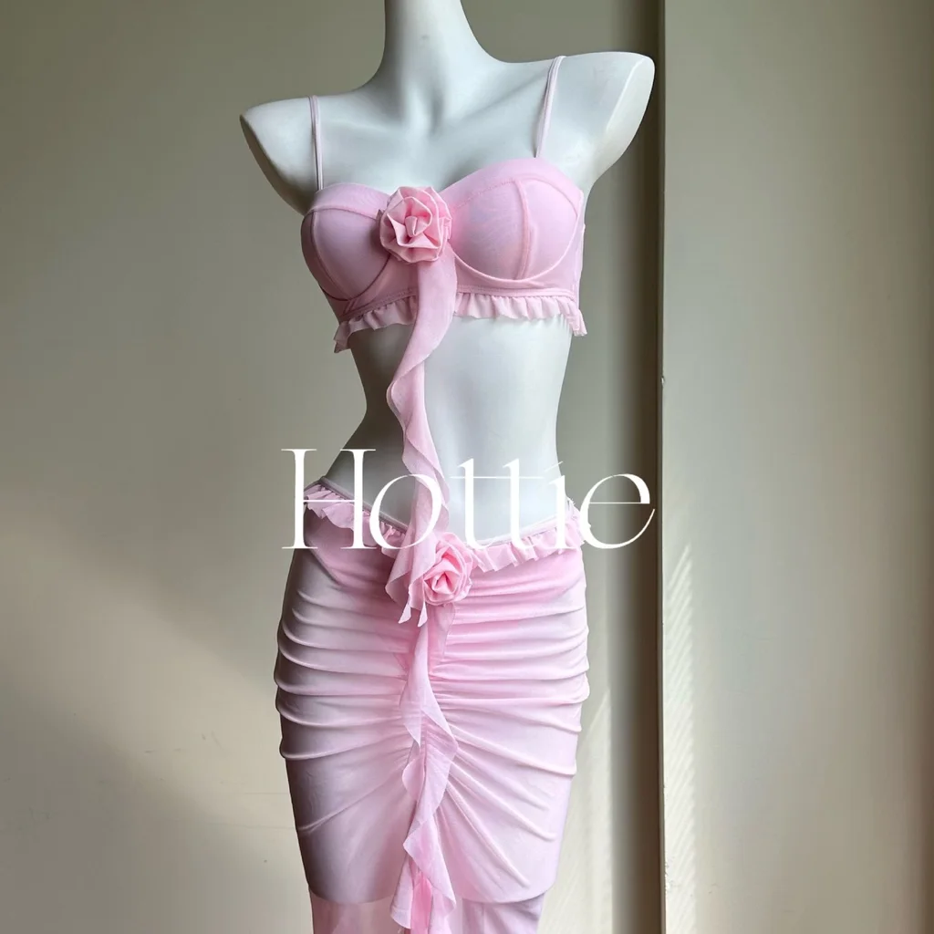 Heart Bikini Dress Three-piece Set Gathering Small Chest Steel Bracket - Pink