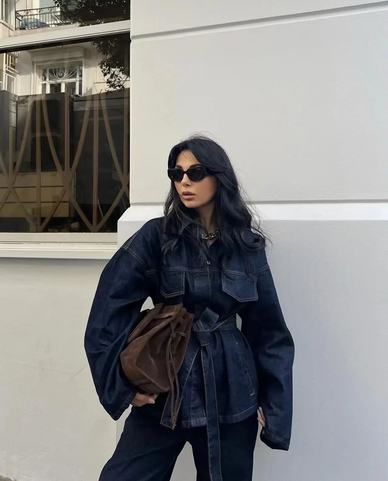 Women's Retro Waist Lace-up Waist-controlled Lapel Denim Coat Trousers Set - Dark Blue Denim Coat