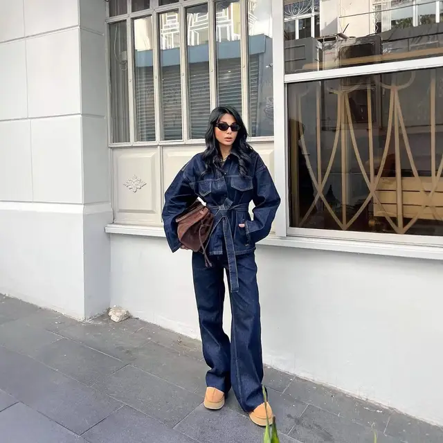 Women's Retro Waist Lace up Waist controlled Lapel Denim Coat Trousers Set Set - Shop at LoveMi