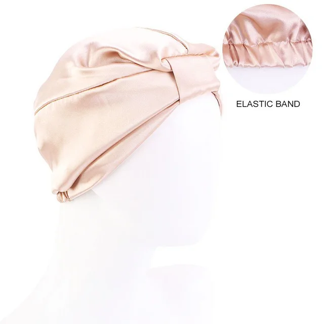 Contrast Color Knotted Head Wash Makeup Double layer Silk like Sleeping Hat Champagne - Shop at LoveMi