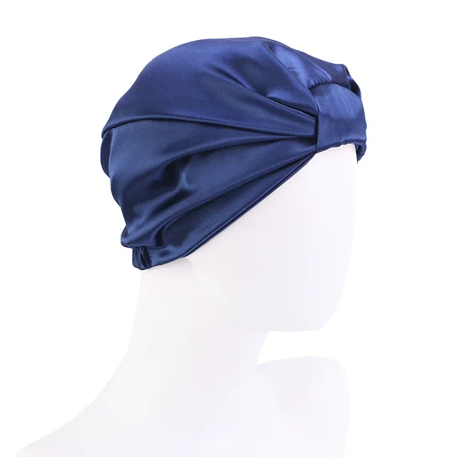 Contrast Color Knotted Head Wash Makeup Double layer Silk like Sleeping Hat Navy Blue - Shop at LoveMi