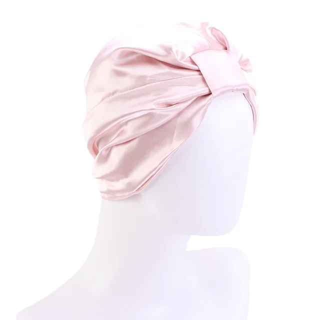 Contrast Color Knotted Head Wash Makeup Double layer Silk like Sleeping Hat Pink - Shop at LoveMi