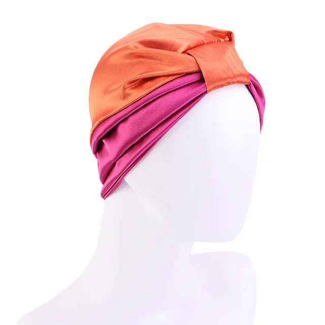 Contrast Color Knotted Head Wash Makeup Double layer Silk like Sleeping Hat Rose Red Orange - Shop at LoveMi