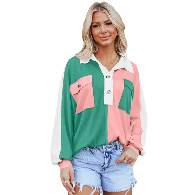 Lapel Long Sleeve Top Leisure Style Color Matching Thread Sweater P10 - Shop at LoveMi