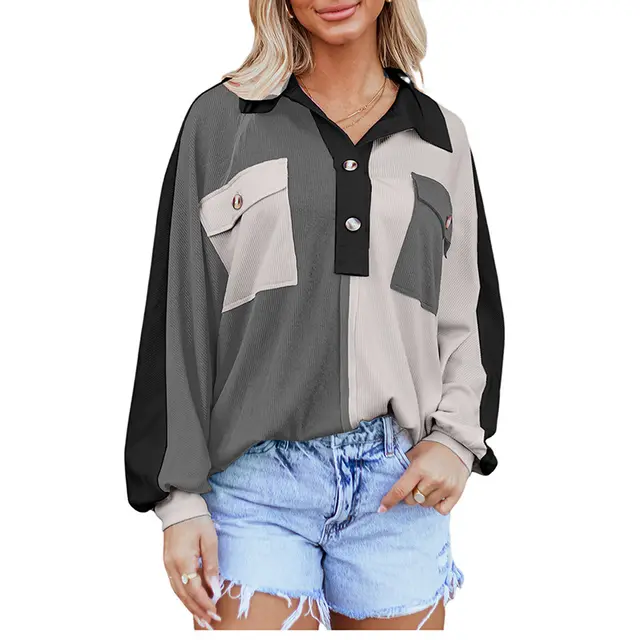 Lapel Long Sleeve Top Leisure Style Color Matching Thread Sweater P11 - Shop at LoveMi