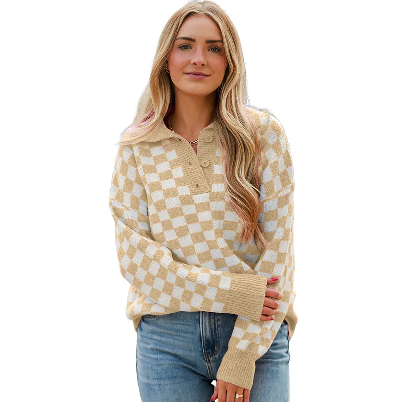 Chessboard Plaid Three button Top Inner Fashion Loose Bottoming Shirt For Women Apricot Yellow - Shop at LoveMi