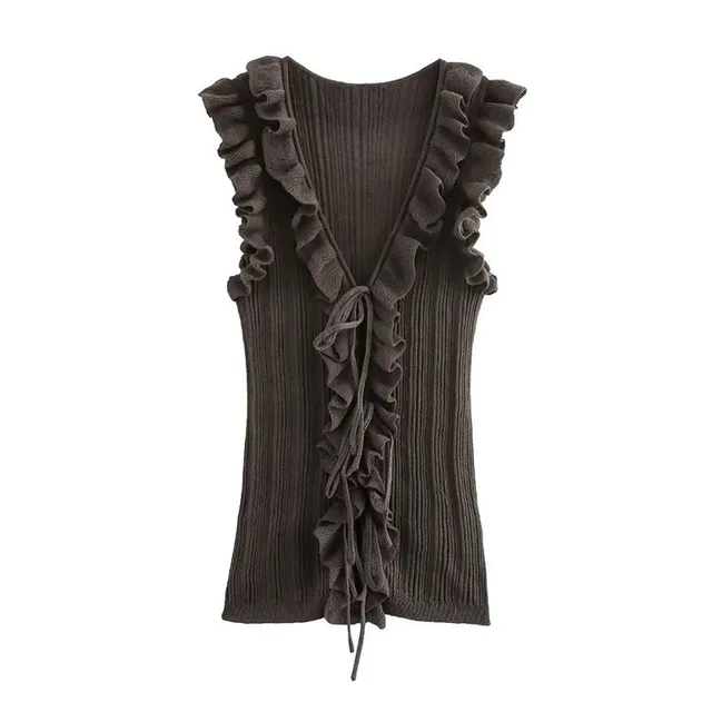 Women's Frill Tie With Sleeveless Knitted Cardigan Top Taupe - Shop at LoveMi