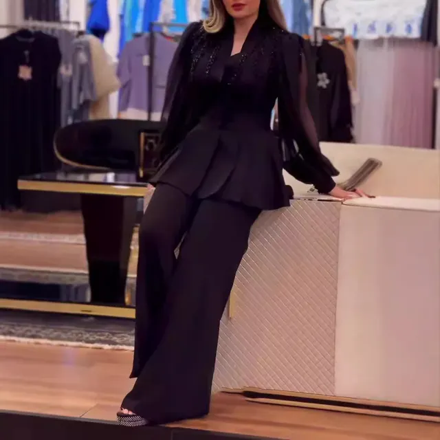 Women's High grade Solid Color Temperament V neck Top Casual Straight Pants Suit Black - Shop at LoveMi
