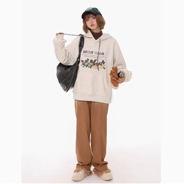 Plucked Exquisite Embroidery Retro Loose Hooded Thick Hoodie Grey Without Velvet - Shop at LoveMi