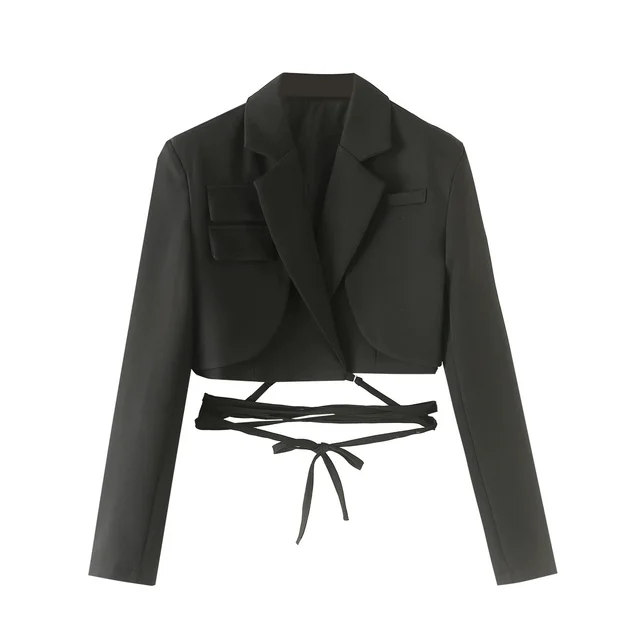 Autumn New Women's Solid Color Waist Rope Lace Suit Long Sleeve Jacket Black - Shop at LoveMi