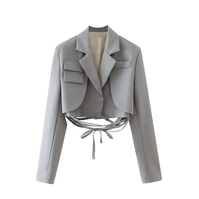Autumn New Women's Solid Color Waist Rope Lace Suit Long Sleeve Jacket Gray - Shop at LoveMi