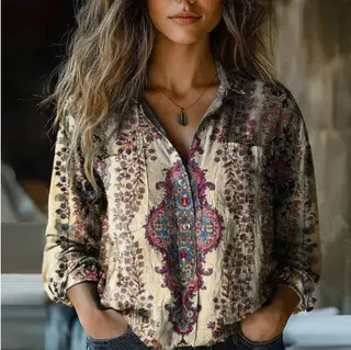 Retro Ethnic Pattern Loose Shirt Female - Color3