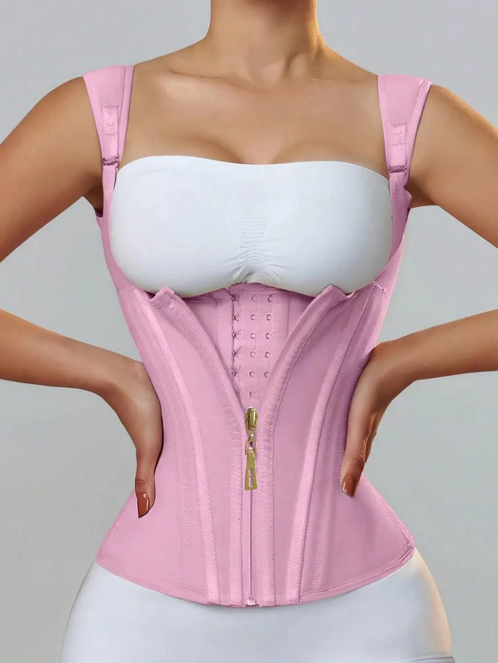 Zipper Breasted Vintage Body Shaping Top - Pink