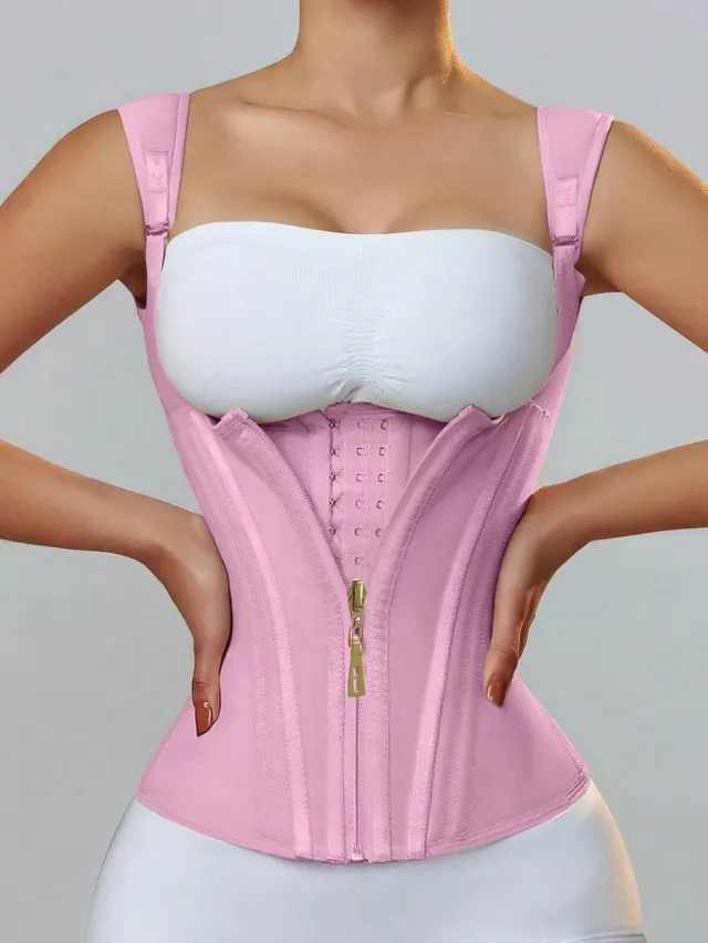 Zipper Breasted Vintage Body Shaping Top Pink - Shop at LoveMi