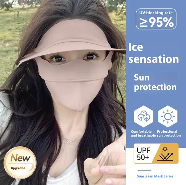 Summer Sun Mask Full Face With Hat Integrated Ice Silk Mask Pink - Shop at LoveMi