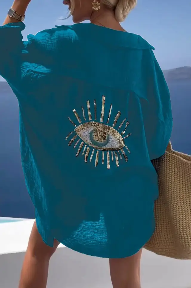 Lapel Long Sleeve Cotton And Linen Casual Fashion Shirt Peacock Green - Shop at LoveMi