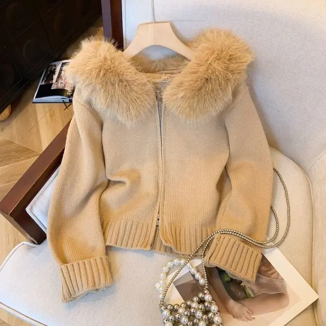 Double Zipper Fur Collar Stitching Design Sense Hooded Knit Cardigan Khaki - Shop at LoveMi