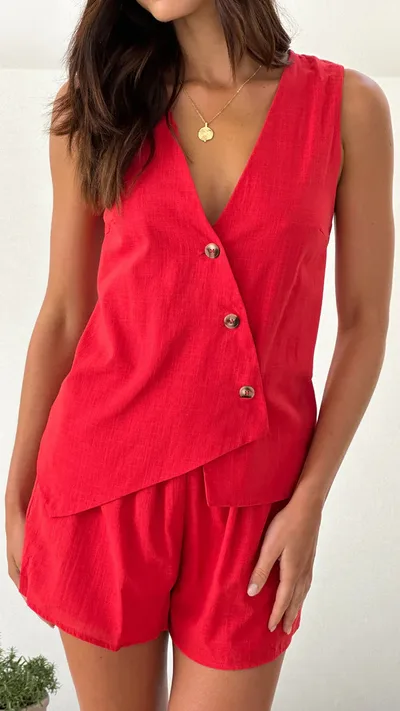 European And American Solid Color Shorts Casual V neck Vest Waist tight Suit Red - Shop at LoveMi