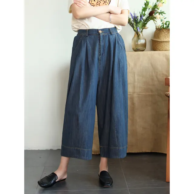 Tencel Cotton Denim Cropped Loose Plus Size Wide leg Pants Dark Blue - Shop at LoveMi