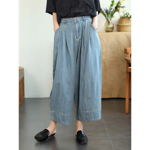 Tencel Cotton Denim Cropped Loose Plus Size Wide leg Pants Light Blue - Shop at LoveMi