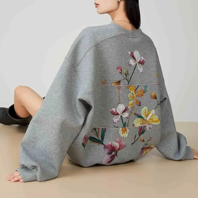 Gray Printing Crew Neck Pullover Sweatshirt Grey - Shop at LoveMi