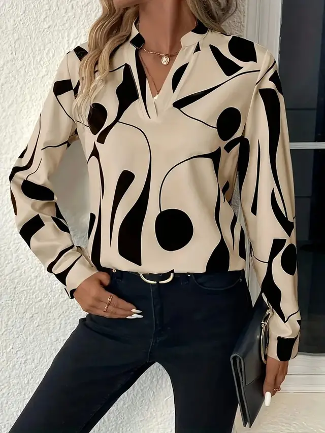 Women's Printed Notched Collar Shirt Long Sleeve Mixed Color - Shop at LoveMi