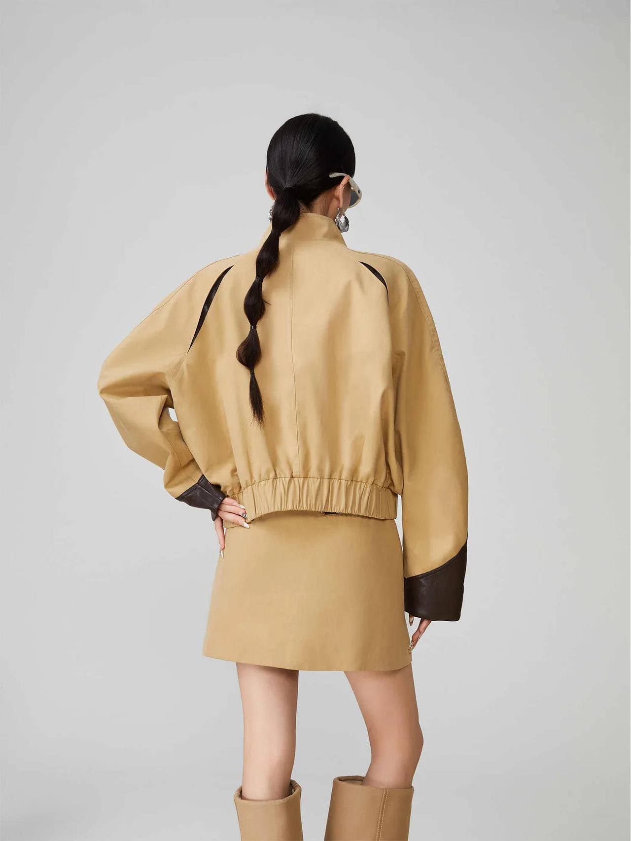 Leather Patchwork Stand-up Collar Jacket Women's A- Line Skirt Two-piece Suit - Khaki Short Skirt